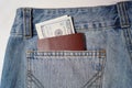 American dollars and foreign passport in the jeans pocket. Royalty Free Stock Photo