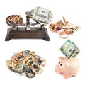 American dollars, piggy bank, scales and jewelry isolated on white background. Collage