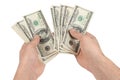 American dollars or US dollars: hand counting one hundred American money or 100 USD Royalty Free Stock Photo