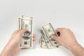 American dollars or US dollars: hand counting one hundred American money or 100 USD Royalty Free Stock Photo