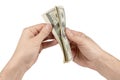 American dollars or US dollars: hand counting one hundred American money or 100 USD Royalty Free Stock Photo