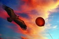 Freedom. American eagle flight in the beautiful colorful sunrise sky. Red helium balloon flies up. Royalty Free Stock Photo