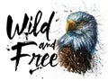 American Eagle watercolor wild and free wildlife print for t-shirt Royalty Free Stock Photo