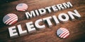 USA flag pin button, midterm elections, wooden background, 3d illustration. Royalty Free Stock Photo