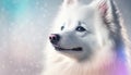American Eskimo Dog Dog Medium Shot White Pink Blue Magical Fantasy Bokeh. Generative AI