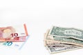 American euro and dollars banknotes for business design. Cash money various currency paper bills on white background