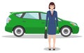 American, european businesswoman standing near the green car on white background in flat style. Business concept. Detailed