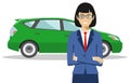 American, european businesswoman standing near the green car on white background in flat style. Business concept. Detailed illustr