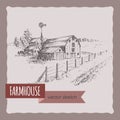 American farm house, barn and pasture vector sketch.