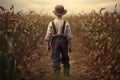 American farmer boy at corn field. Generate Ai Royalty Free Stock Photo