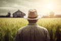 American farmer wheat field at morning view. Generate Ai