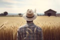 American farmer wheat field standing. Generate Ai Royalty Free Stock Photo