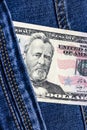 American fifty dollar banknote Grant portrait in pocket of blue jeans Royalty Free Stock Photo