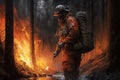 American firefighter on the background of burning grass and trees. Generative AI Royalty Free Stock Photo