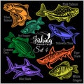 American Fish - vector set 4 for creative design, t-shirt, badge and logo. Isolated on black.