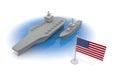 American flag. Aircraft carrier on the sea. Two ships sailing. Destroyer. cruiser