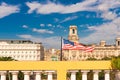 American flag on the background of buildings, Havana, Cuba. Copy space for text.