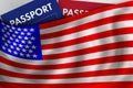 American flag background and passport of USA. Citizenship, official legal immigration, visa, business and travel concept