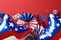 American flag balloons, paper fans, decorations on red background.