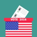 American flag Ballot Voting box with paper blank bulletin Man Woman concept. Polling station. President election day Vote 2016. Is