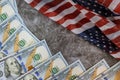 American flag and banknotes 100 USA dollar bill Royalty Free Stock Photo