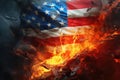 American flag burning in flames on dark background. Close up, usa vs russia war flags divided with fire, AI Generated Royalty Free Stock Photo