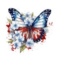 American Flag Butterfly and Flower Independence Day Watercolor Royalty Free Stock Photo