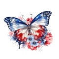 American Flag Butterfly and Flower Independence Day Watercolor Royalty Free Stock Photo