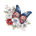 American Flag Butterfly and Flower Independence Day Watercolor Royalty Free Stock Photo