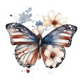 American Flag Butterfly and Flower Independence Day Watercolor Royalty Free Stock Photo