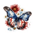 American Flag Butterfly and Flower Independence Day Watercolor Royalty Free Stock Photo