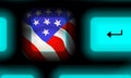 American flag button in neon computer keyboard on black background. Up close travel USA. Glowing modern fluorescent design. Dark