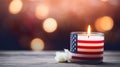 American flag candle on wooden table with bokeh lights, AI Royalty Free Stock Photo