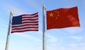 American flag. Chinese flag. Fluttering in the wind. 3D illustration