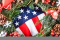 American flag and christmas tree.