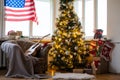 American flag and christmas tree. Greeting card. Royalty Free Stock Photo