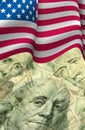 american flag and collage of presidents and american dollars Royalty Free Stock Photo