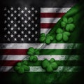 American flag combining green with green clovers. Green four-leaf clover symbol of St. Patrick\'