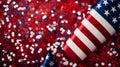 American flag, confetti stars on red background with copy space. Royalty Free Stock Photo