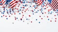 American flag, confetti stars on white background with copy space.