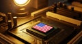 American flag on cpu chip on circuit board, concept of united states leading technology Royalty Free Stock Photo