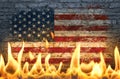 American flag in fire flames Royalty Free Stock Photo