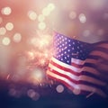 American flag, fireworks and blur background. Event celebration