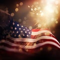 American flag, fireworks and blur background. Soft gradient light