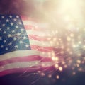 American flag, fireworks and blur background. Soft gradient light