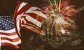 American flag and fireworks with night sky beautiful in the full moon Royalty Free Stock Photo