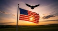 American flag flies under sunset sky with eagle Royalty Free Stock Photo