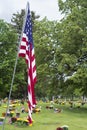 American flag and Flowers on veteran Graveside