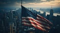 The American flag flutters in the air against the backdrop of a city Royalty Free Stock Photo