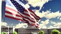 The American flag flutters in the wind on a Sunny day against the blue sky and the Capitol. 3D Rendering Royalty Free Stock Photo